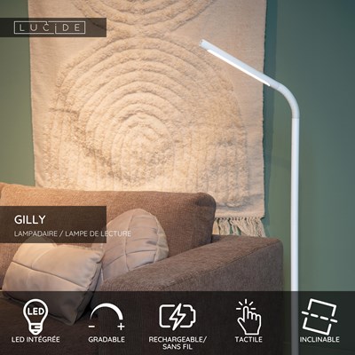 Lucide GILLY - Lampadaire / lampe de lecture Rechargeable - Batterie/Piles - LED Dim. - 1x6W 2700K - Blanc